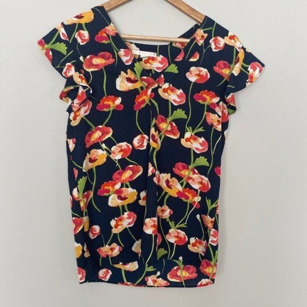 C&E Small Floral Short Flutter Sleeve V Neck Dressy Blouse Summer Office Event
